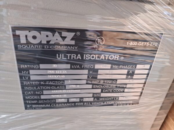 Topaz Square D Company Ultra Isolator 30kVA, 60 Hz, Insulation Class 240 A 97203-31 - Power Conditioner ASML US Inc Series 90-S Track I-Line B12+ - SN 84703-04 - Image 7