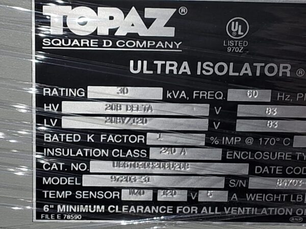 Topaz Square D Company Ultra Isolator 30kVA, 60 Hz, Insulation Class 240 A 97203-31 - Power Conditioner ASML US Inc Series 90-S Track I-Line B12+ - SN 84703-04 - Image 2