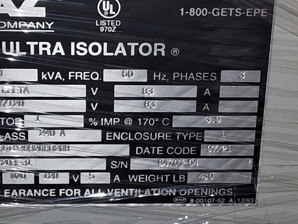 Topaz Square D Company Ultra Isolator 30kVA, 60 Hz, Insulation Class 240 A 97203-31 - Power Conditioner ASML US Inc Series 90-S Track I-Line B12+ - SN 84703-04 - Image 3