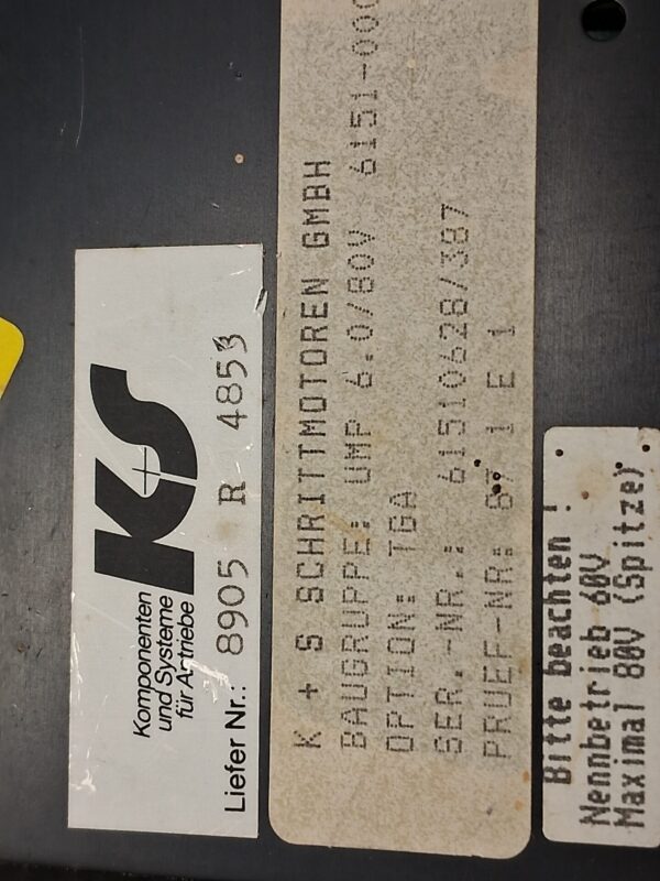 K+S Schrittmotoren GmbH (Komponenten und Systeme für Antriebe)-UMP 6.0/80V Option: TGA-6151-0005-Stepper Motor Drive Module (Indust. Automation)-Used (tested July 5, 1999; seals and inspection labels present) - Image 3