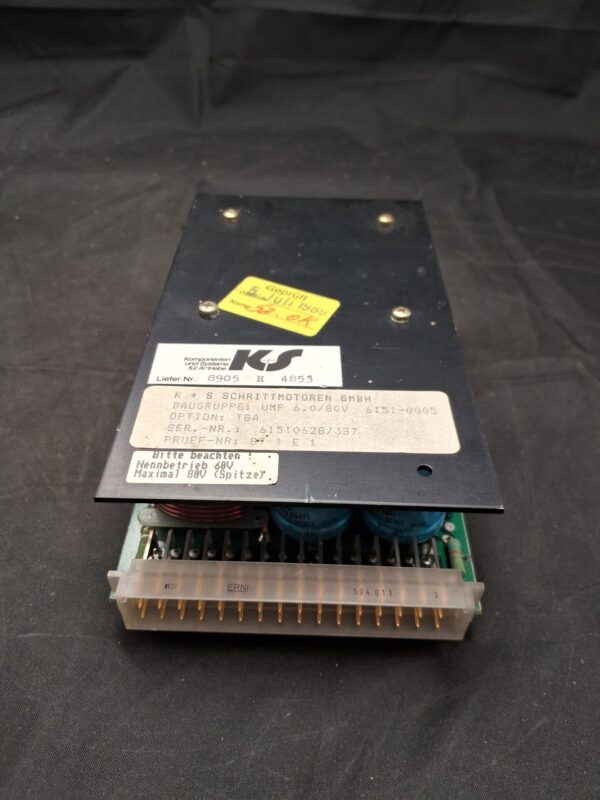 K+S Schrittmotoren GmbH (Komponenten und Systeme für Antriebe)-UMP 6.0/80V Option: TGA-6151-0005-Stepper Motor Drive Module (Indust. Automation)-Used (tested July 5, 1999; seals and inspection labels present)